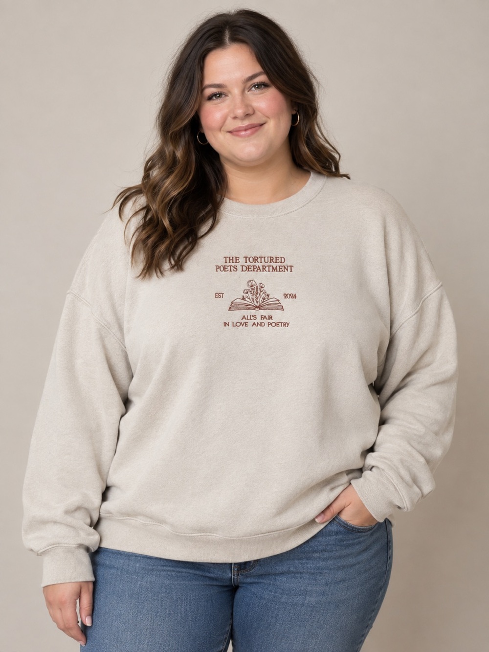 Tortured Poets Dept. Cream Crewneck Sweatshirt with Embroidered Design-Size XXL